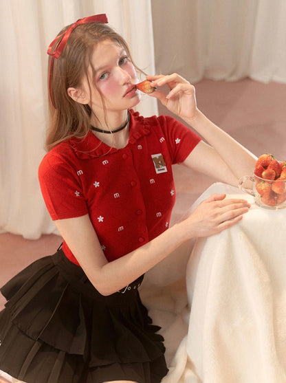 Knit Flower American Short Cardigan Collar