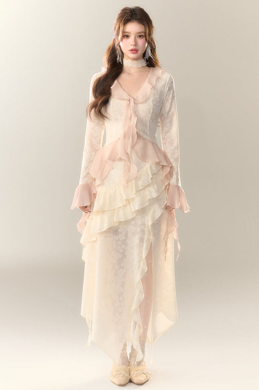 Top Sweet + Long Skirt Sheer Frilled