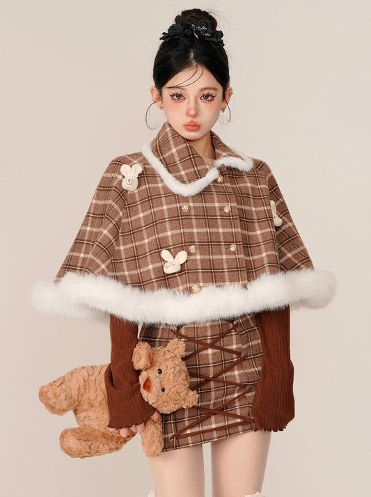 Check Rabbit Fur Mant + Tight Lace-Up Suspender Skirt