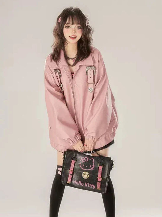Veste en cuir rose rétro avec boucle et fermeture éclair