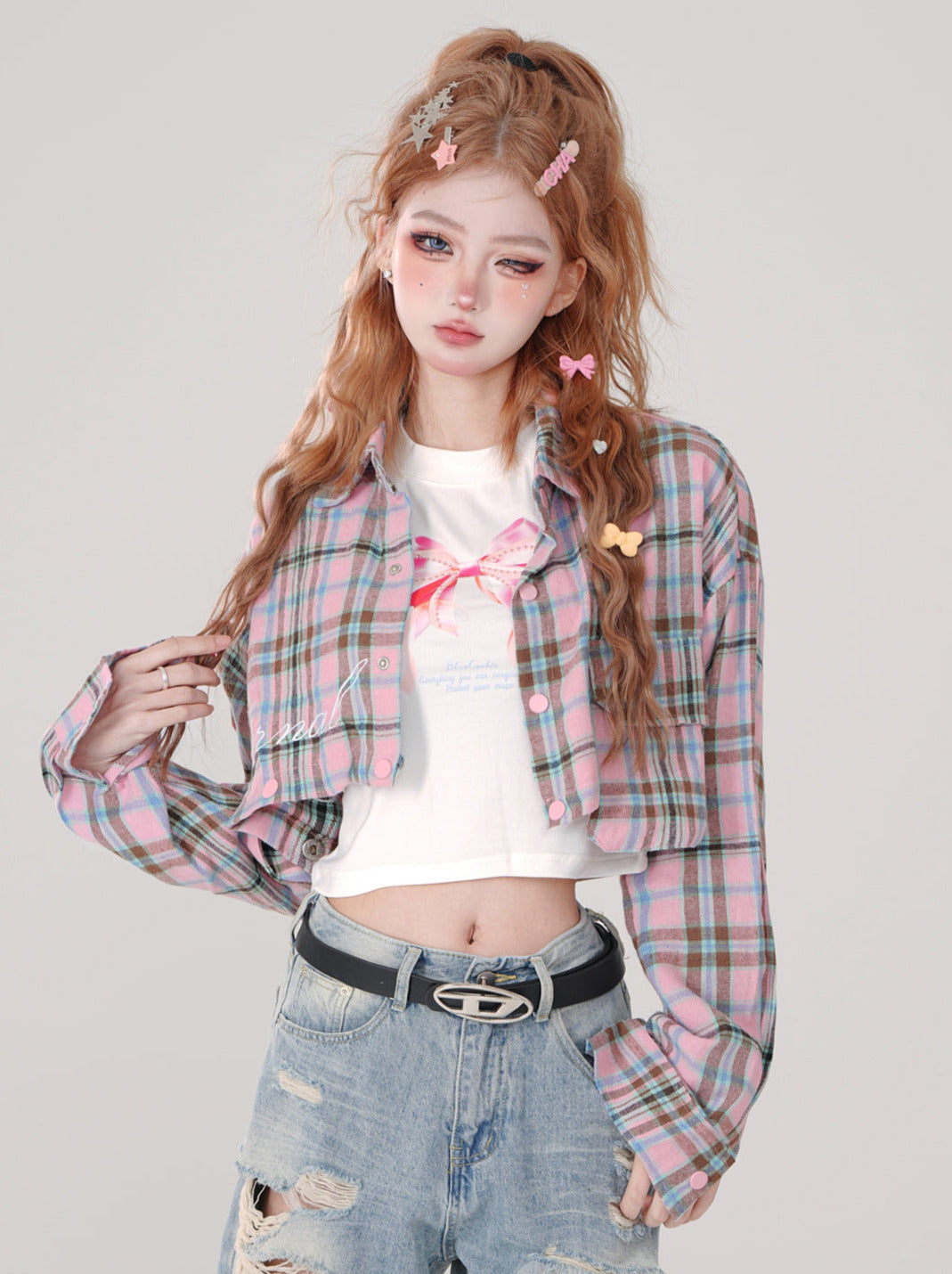 Poloshirt mit Karo-Kragen und langem, abnehmbarem, lockerem