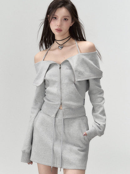 Off-the-shoulder + strap sweatshirt skirt zip-up top