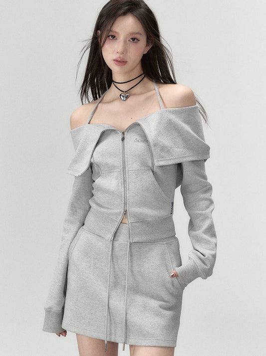 Off-the-shoulder + strap sweatshirt skirt zip-up top
