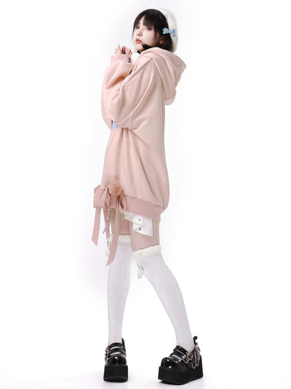 プラスベルベッドピンクホワイトボールリボンパーカー