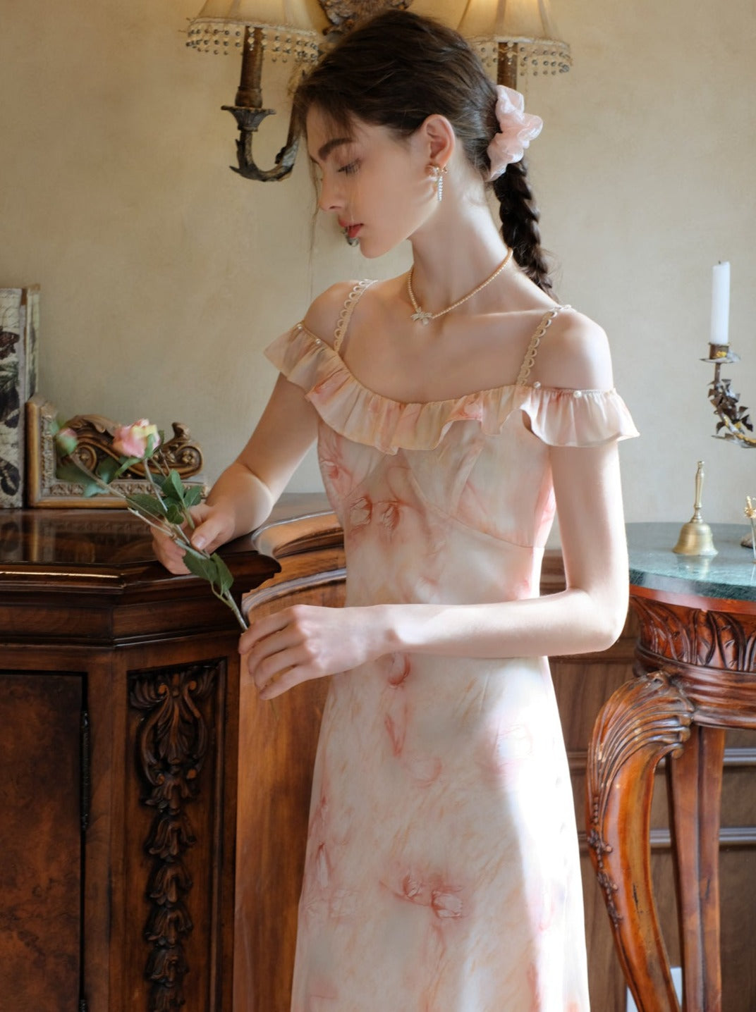 Long Suspender Dress Flower Blouse Cardigan + Sheer