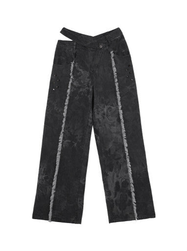 Jean ample à franges et taille large découpée en denim foncé