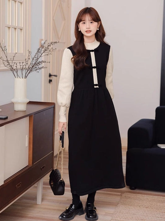 Piece Collar High Dress Half Two Contrast Faux