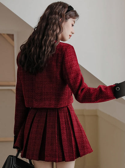 Jupe veste + tweed plissé rétro girly foncé