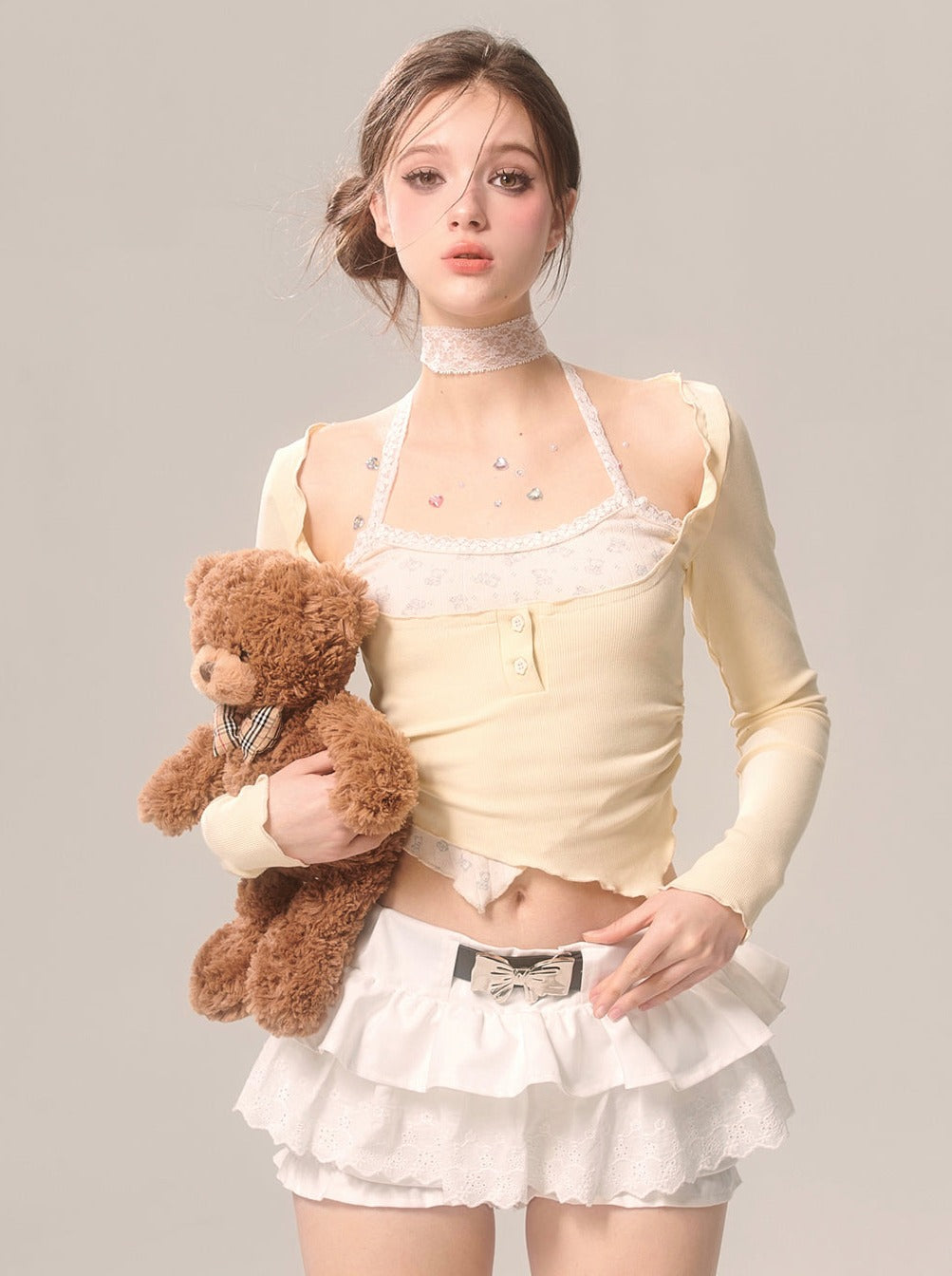 Pearl Ribbon Skirt White French Pants Lace Flared White Eye