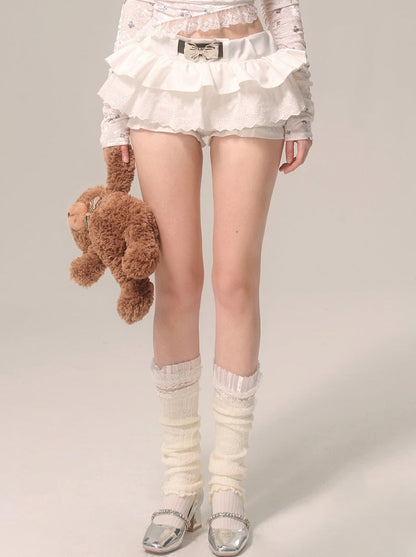 Pearl Ribbon Skirt White French Pants Lace Flared White Eye