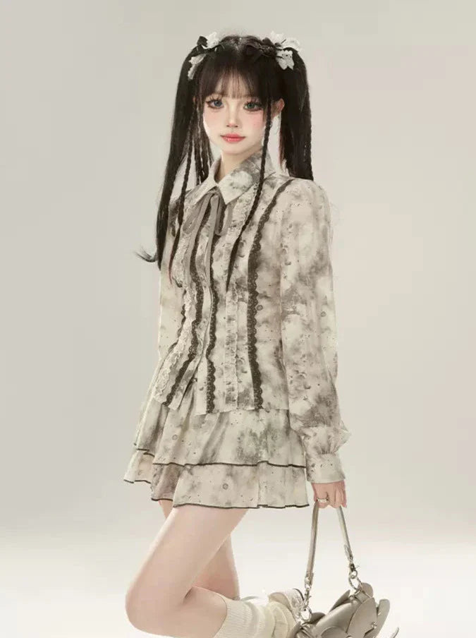 スーツのスプライスハイシャツ、インク汚れウエストレーススカート、かなり