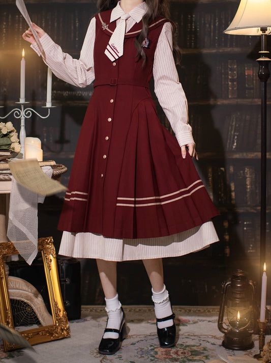 Shirt Dress Color + Tie Pleated Navy Suit Striped Badge Retro Magic Dress Academy