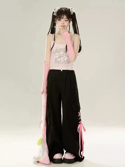 Zip Girly + Loose Butterfly Camisole Pants Jacket Ribbon Sweatshirt Hooded Pink