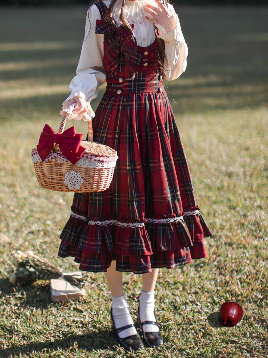 Robe Col Ruban Capuche Tête Montante Rouge Petit + Écharpe À Volants Plissée Cape Manteau Chemise À Carreaux