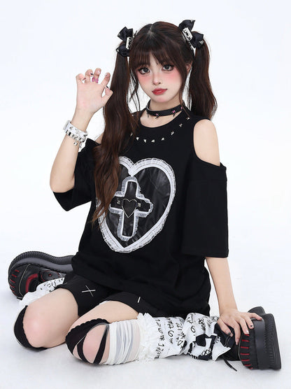 Dunkles T-Shirt mit genieteter Spitze Love Loose Open Shelder