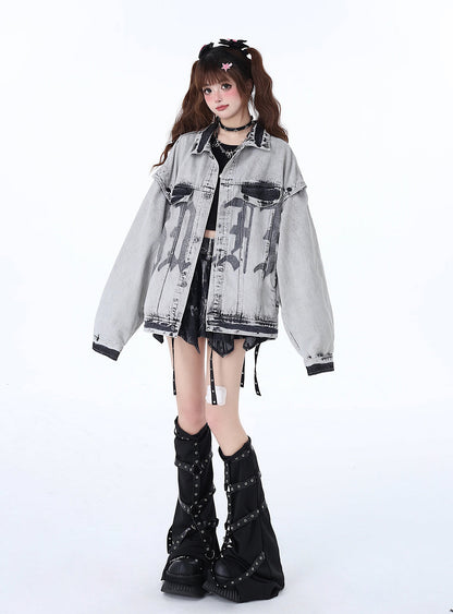 Veste de moto en denim rétro style américain ample et streetwear