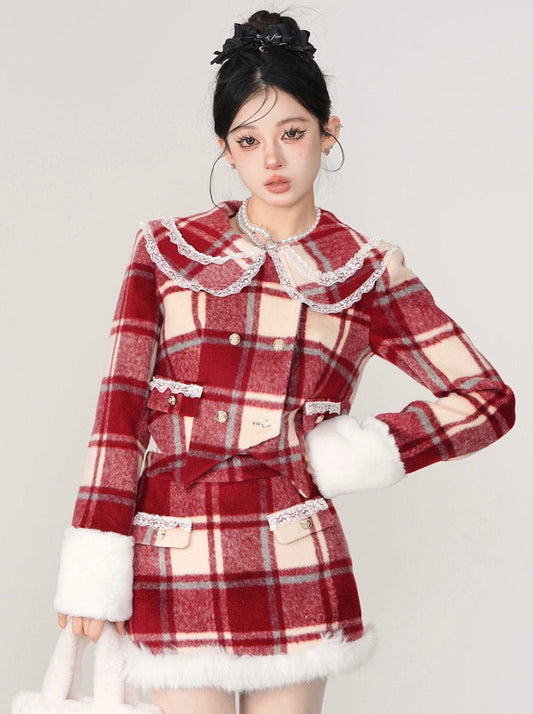 Veste à carreaux rétro avec col en dentelle française et jupe double à carreaux en fourrure