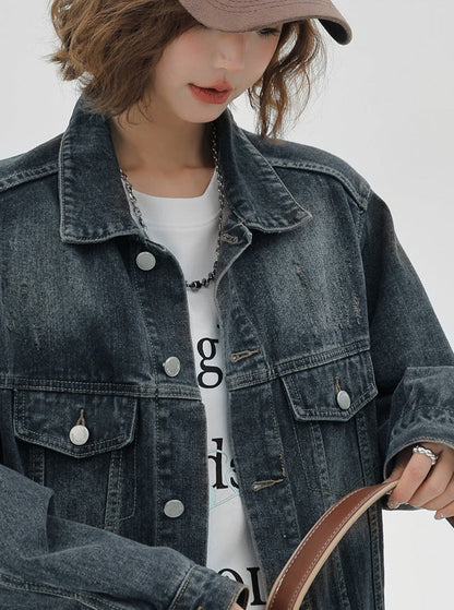 Veste américaine délavée en denim nostalgique ample et rétro