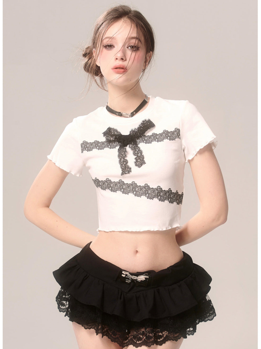 Slim Lace T-Shirt Frill Short Ribbon