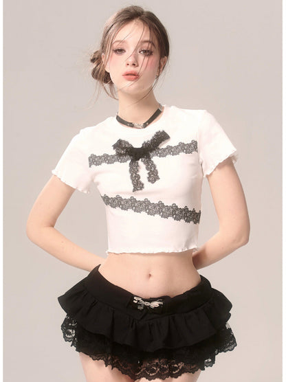 Slim Lace T-Shirt Frill Short Ribbon