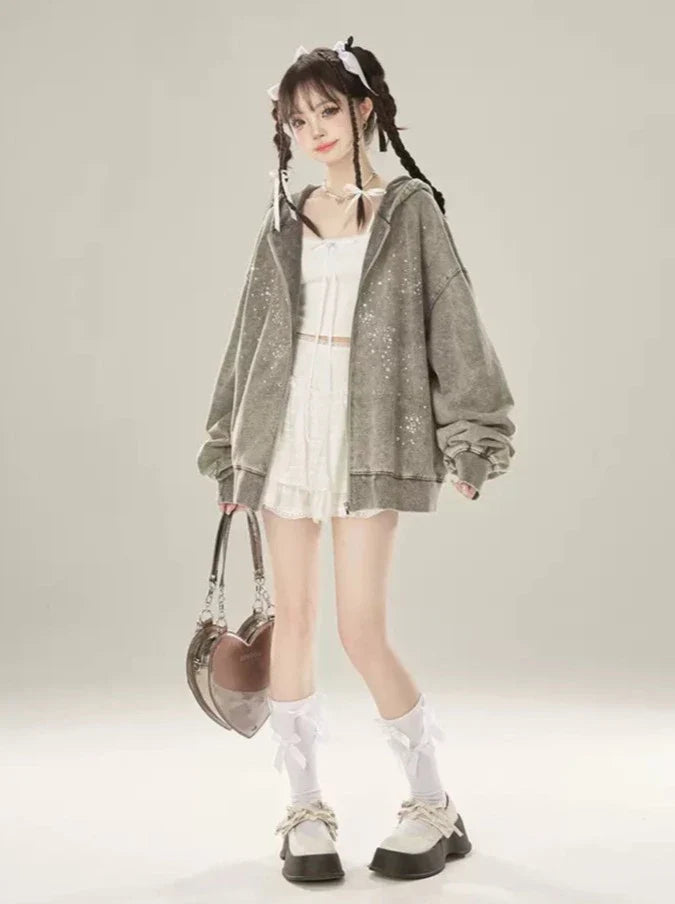 Zipper Hooded Diamond Druzy Gray Hoodie Light