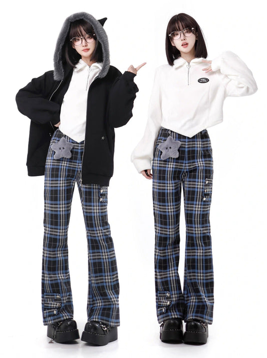Nyar Star Gravity Velvet Cat ear Farjack+Blue Check College Pants