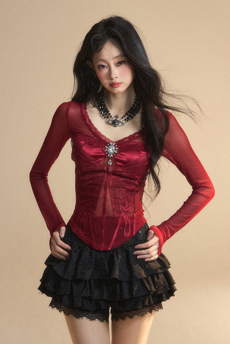 Top Mesh Cranberry Pre-order product Australian Lace V-Neck