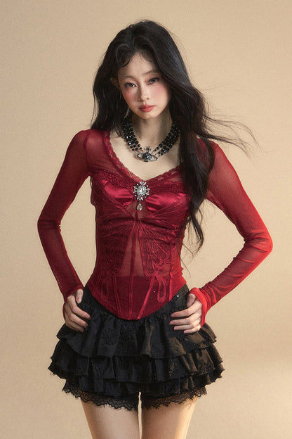 Top Mesh Cranberry Pre-order product Australian Lace V-Neck