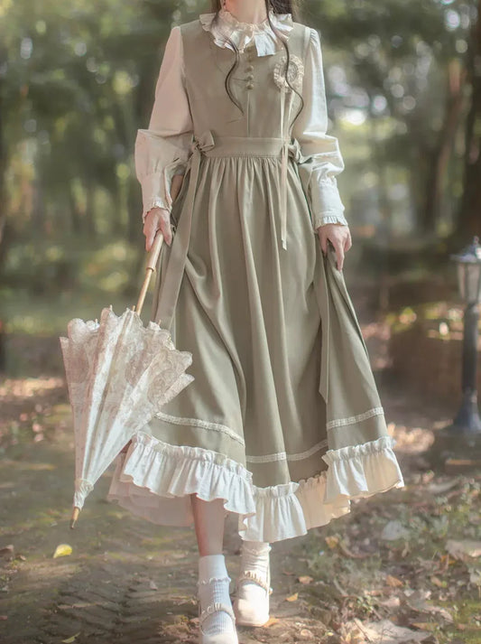 Robe française + rétro longue à volants gilet chemisier vert