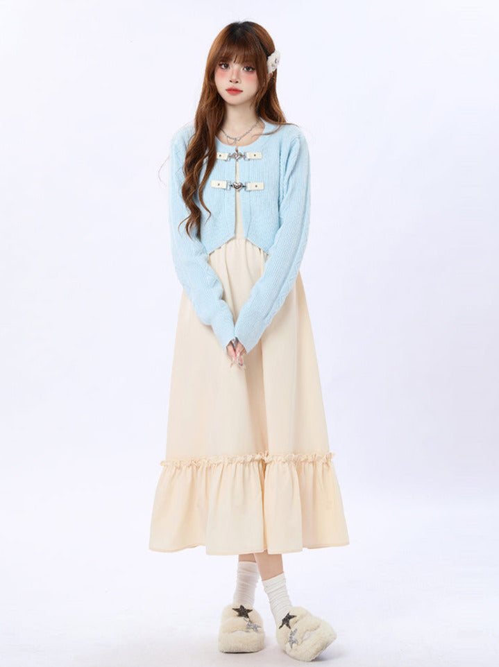 Ruffle Knit Heart Suspender Cardigan + Buckle Dress