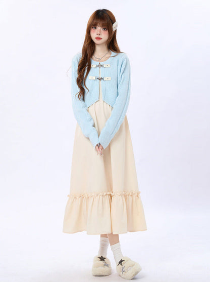 Ruffle Knit Heart Suspender Cardigan + Buckle Dress