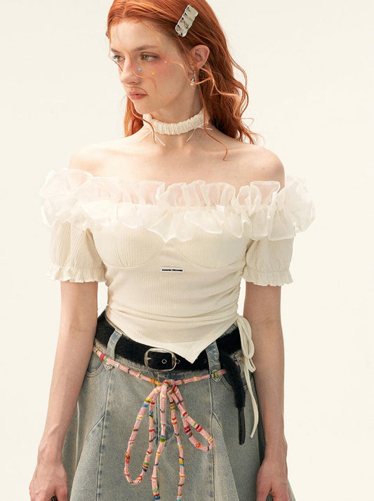 Haut en dentelle, épaules en tulle, haut fleuri, tricot