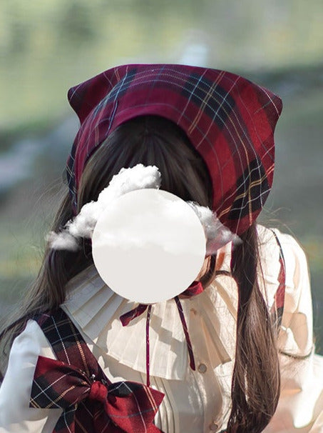 Robe Col Ruban Capuche Tête Montante Rouge Petit + Écharpe À Volants Plissée Cape Manteau Chemise À Carreaux