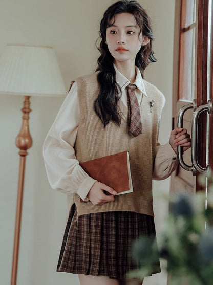 Gilet, jupe universitaire, tricot à carreaux colorés, chemise rétro