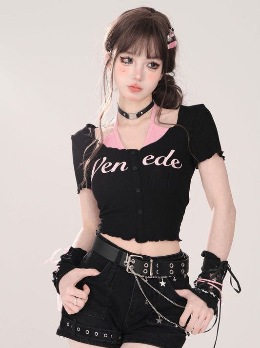 Faux Short Neckholder U-Ausschnitt T-Shirt und Zweiteiler