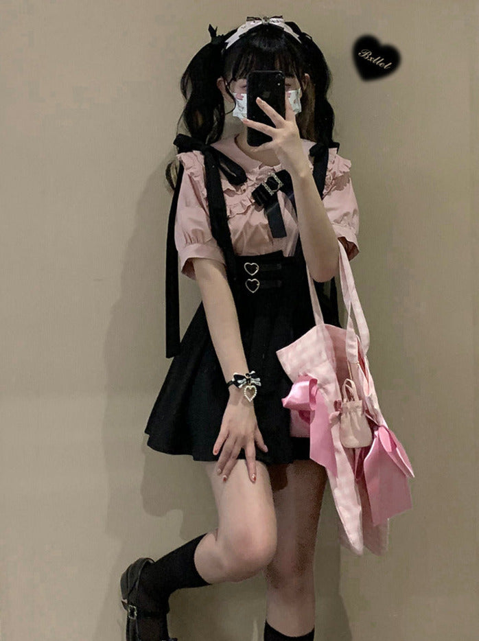 リボンショルダーレザーバックルサスペンダーカート