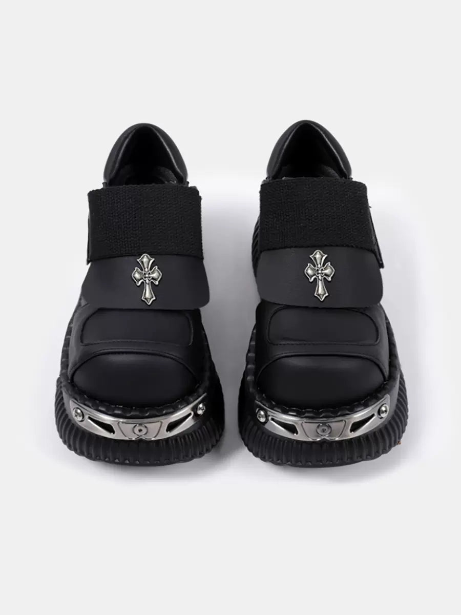 Platform Metal Velcro Shoes Punk Leather Cross