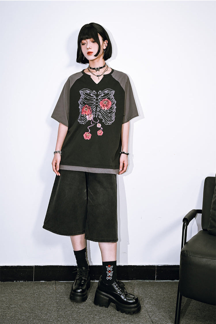 Bone Flower Bicolor Raglan Top V-Neck