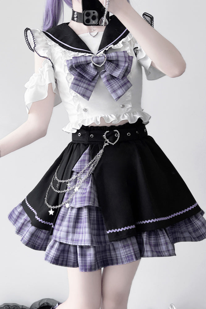 Set Sailor Flared Check Top + Skirt Mine