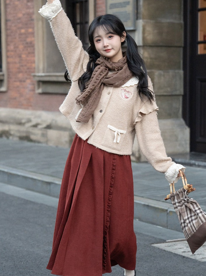 Skirt Long Cardigan Retro Cream Pleated