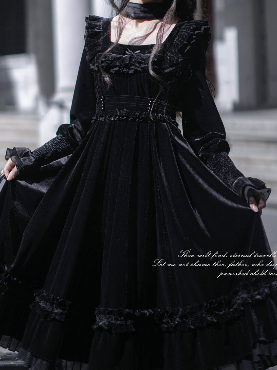 Collar Black Belt Elegant Retro + French Swan Ribbon Dress Square + Velvet