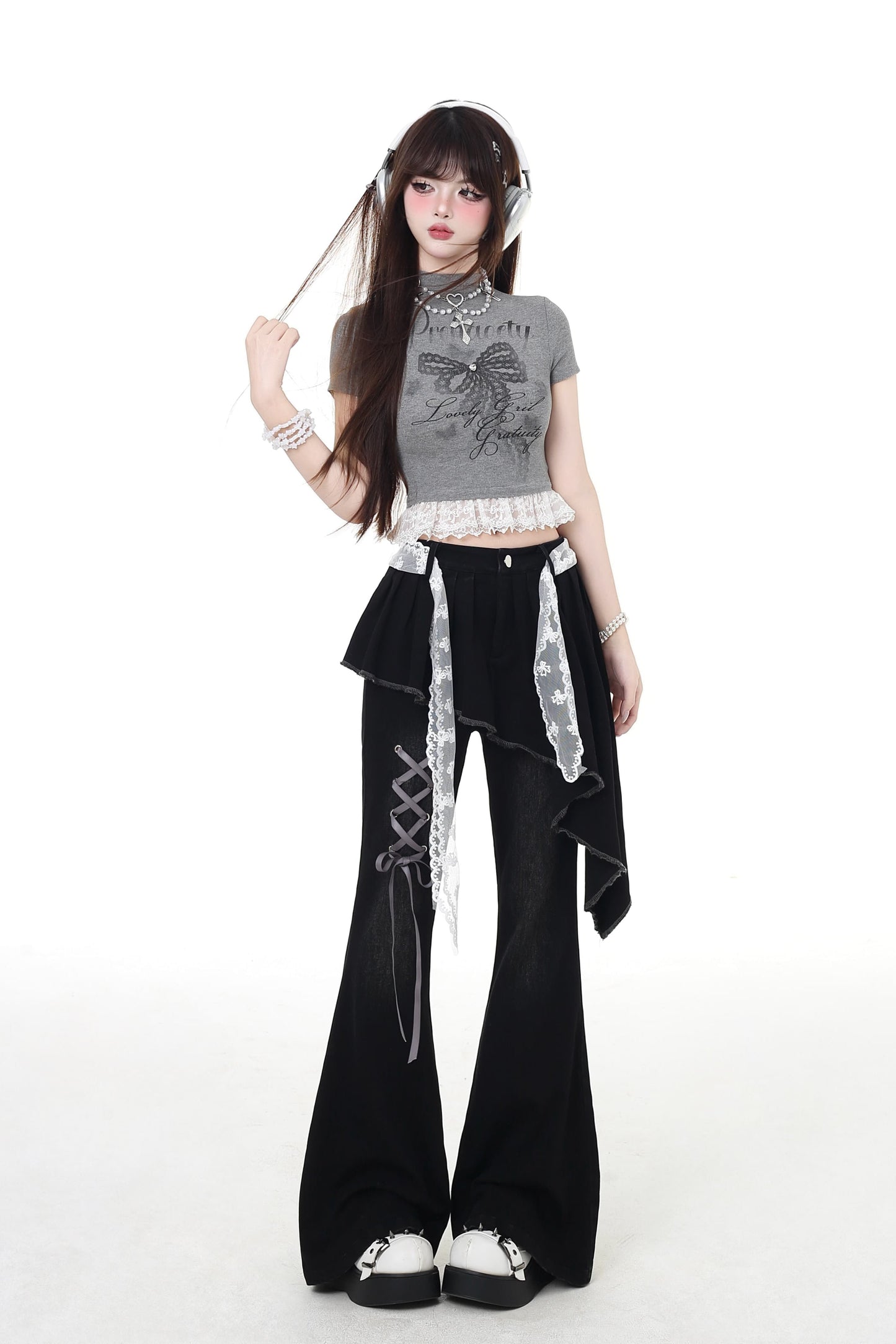 pants slim Lace-up flare long