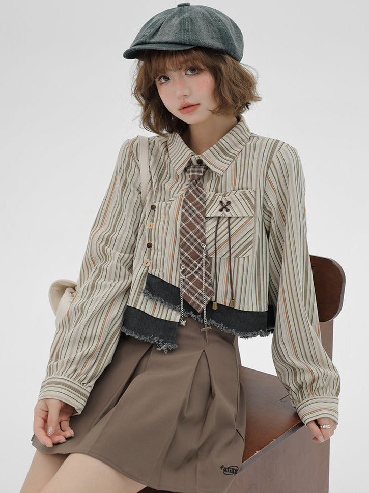 Stripe Shirt Tie Retro Splicing Check American Design Short