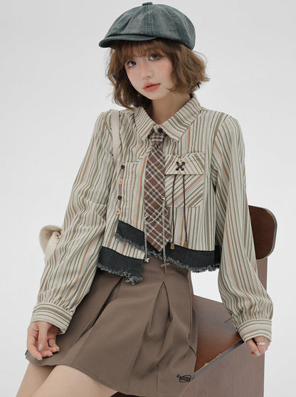 Stripe Shirt Tie Retro Splicing Check American Design Short