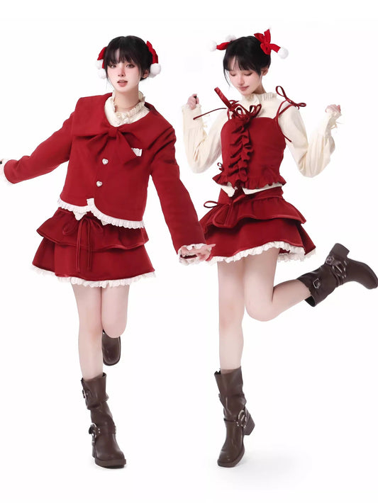 Veste courte à volants en ruban, support de chant, couleur foncée, motif chemise, jupe, costume