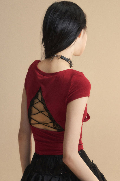 Top Reservations Ribbon Trim Lace Chic Crop