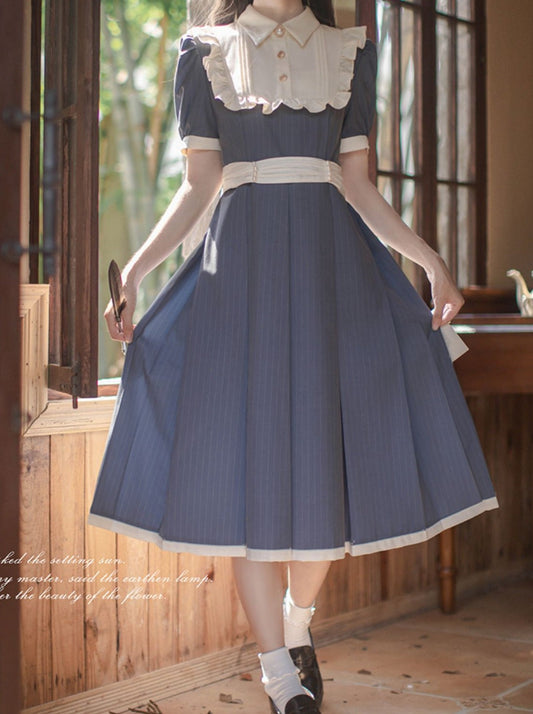 Summer Belt Waist + Collar Dress Ruffle White Retro
