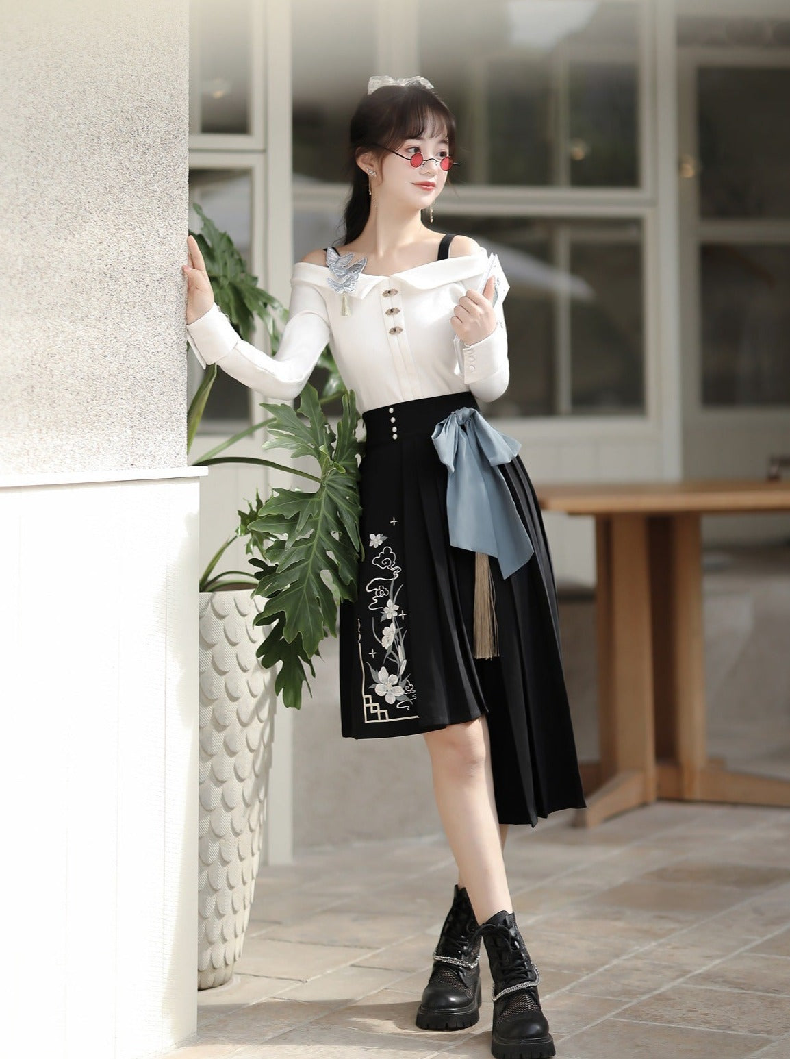 Top Buckle Waist Asymmetrical Skirt + Big Bow Off-Shoulder China High