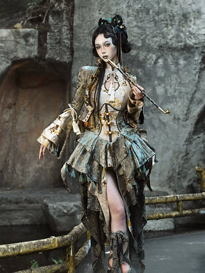 Veste courte en dentelle chinoise à pompons et sangles de dragon