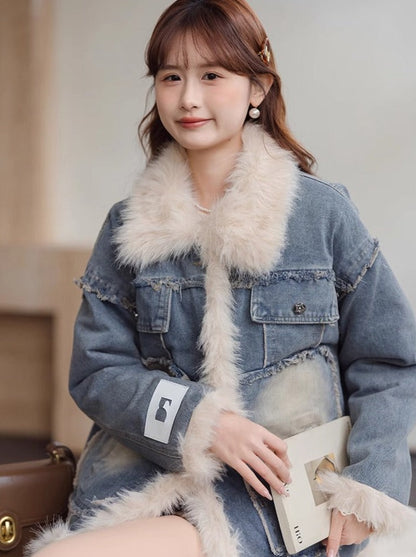 Veste en jean bleu à revers matelassés